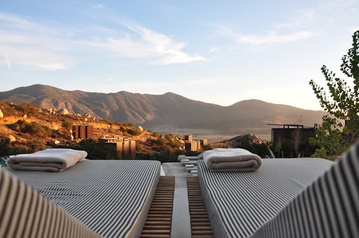 Hotel resort terrace with mountain views
